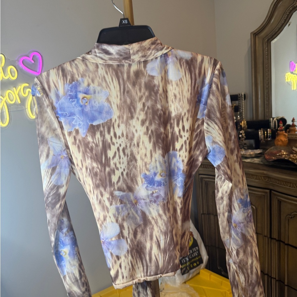Zara Brown Animal Print Wrap around Blouse with Blue Floral Details - Picture 15 of 16